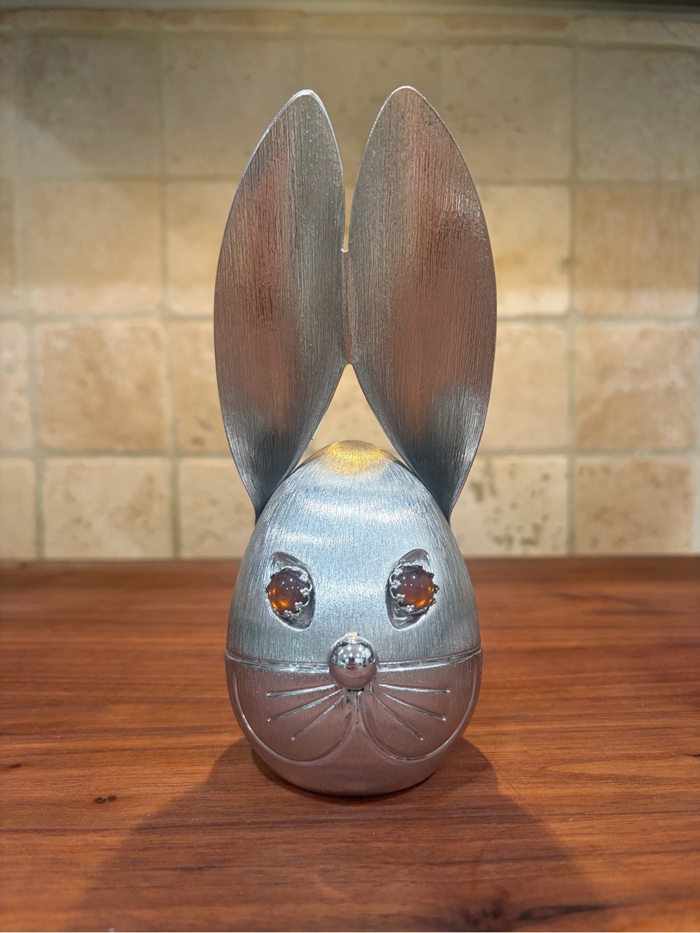 Vintage 1960s Napier Brushed Silver Bunny Rabbit Bank - Amber Glass Eyes